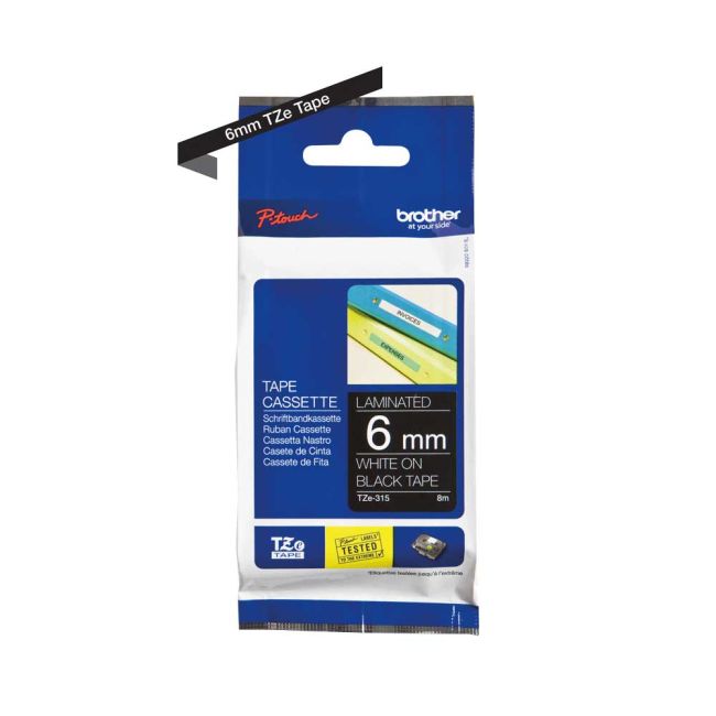 Brother TZe315 6mm x 8m Gloss White On Black Tape Cassette TZ315