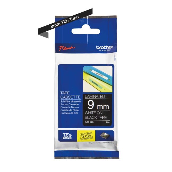 Brother TZe325 9mm x 8m Gloss White On Black Tape Cassette TZ325