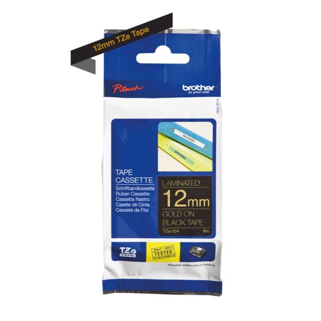 Brother TZe334 12mm x 8m Gloss Gold On Black Tape TZ334