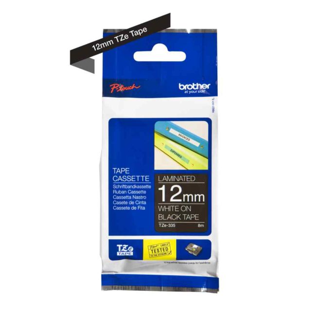 Brother TZe335 12mm Gloss White On Black Tape TZ335