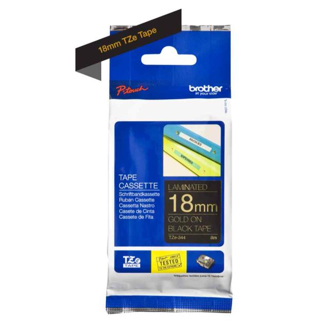 Brother TZe344 18mm x 8m Gloss Gold On Black Tape Cassette TZ344