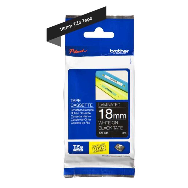 Brother TZe345 18mm x 8m Gloss White On Black Tape Cassette TZ345