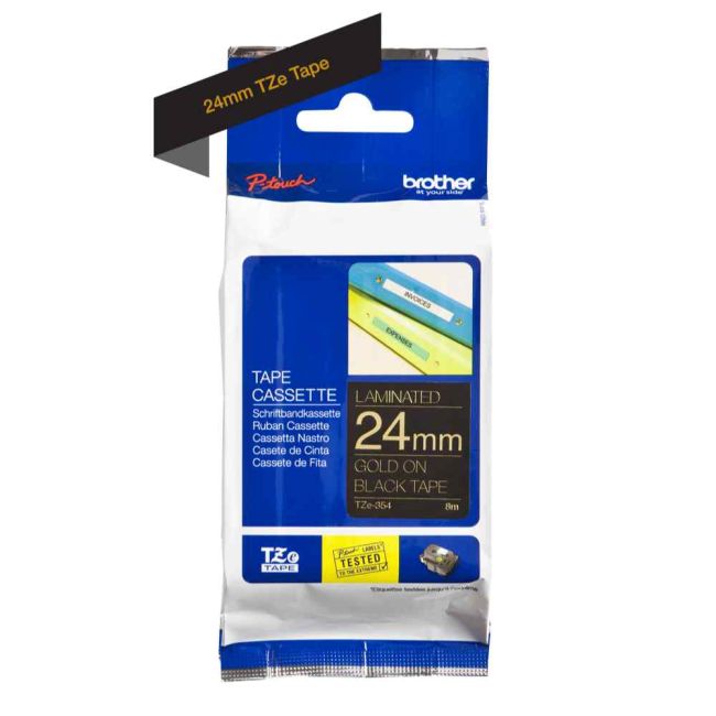 Brother TZe354 24mm x 8m Gloss Gold On Black Tape Cassette TZ354