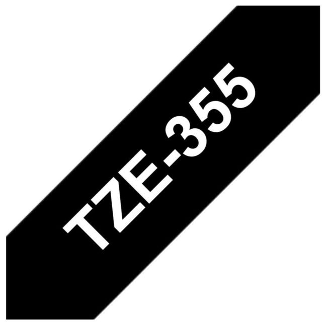 Brother TZe355 24mm x 8m Gloss White On Black Tape Cassette TZ355
