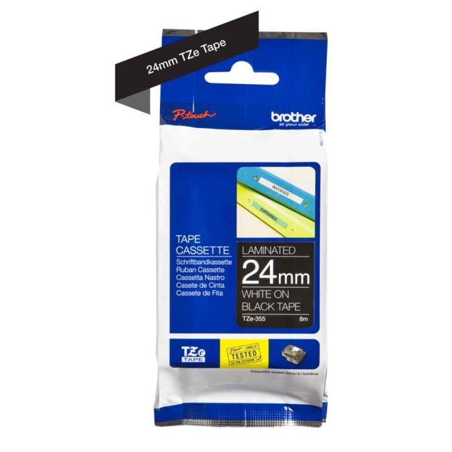 Brother TZe355 24mm x 8m Gloss White On Black Tape Cassette TZ355