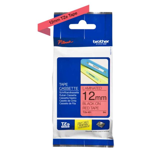 Brother TZe431 12mm x 8m Gloss Black On Red Tape Cassette TZ431