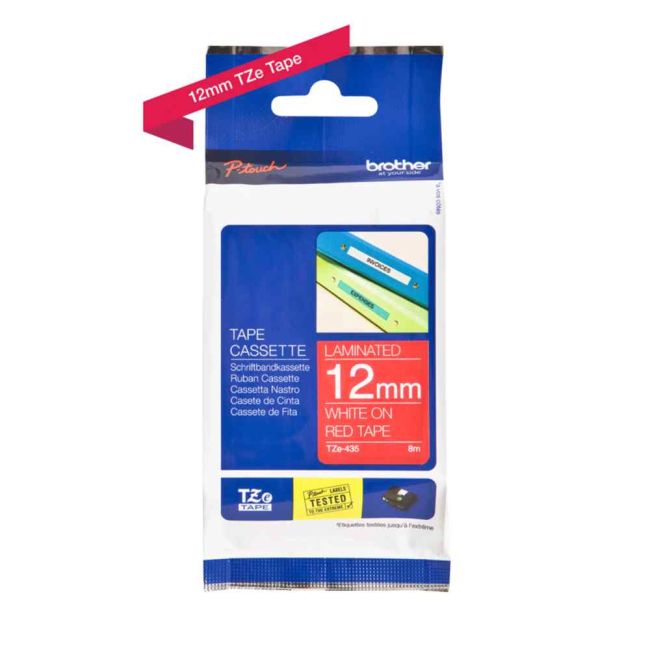 Brother TZe435 12mm x 8m Gloss White On Red Tape Cassette TZ435