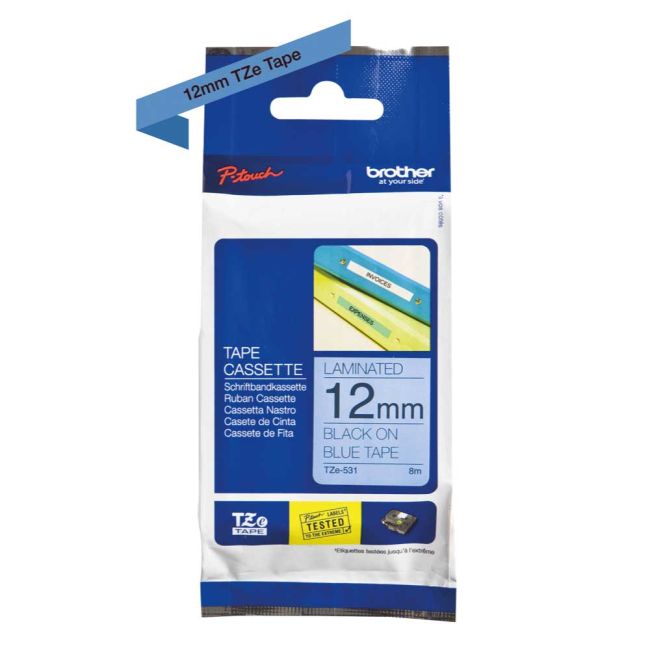Brother TZe531 12mm x 8m Gloss Black On Blue Tape Cassette TZ531