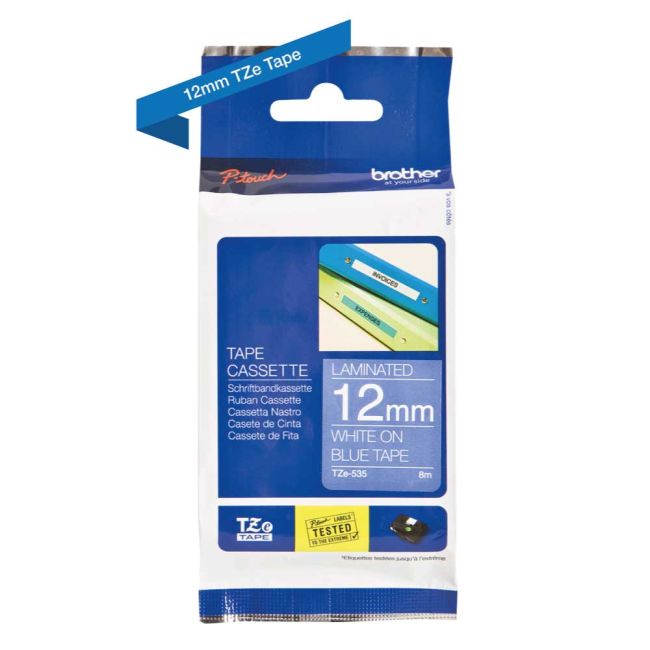 Brother TZe535 12mm x 8m Gloss White On Blue Tape Cassette TZ535