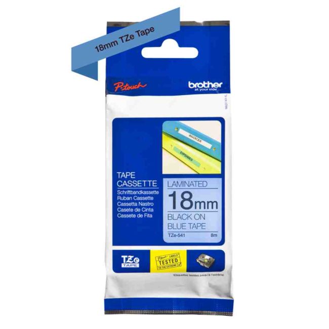 Brother TZe541 18mm x 8m Gloss Black On Blue Tape Cassette TZ541
