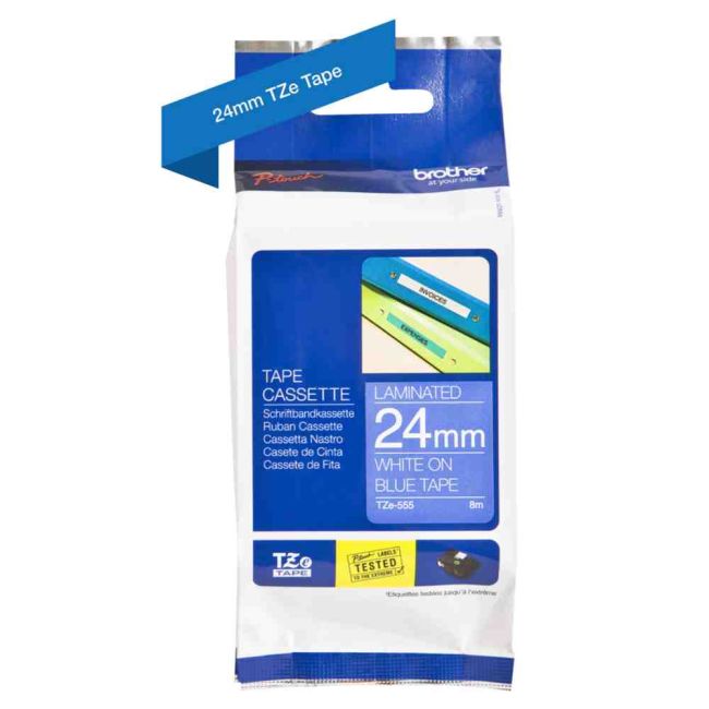 Brother TZe555 24mm x 8m Gloss White On Blue Tape Cassette TZ555