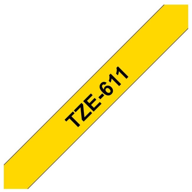 Brother TZe611 6mm x 8m Gloss Black On Yellow Tape Cassette TZ611