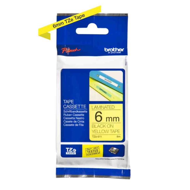 Brother TZe611 6mm x 8m Gloss Black On Yellow Tape Cassette TZ611