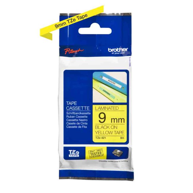Brother TZe621 9mm x 8m Gloss Black On Yellow Tape Cassette TZ621