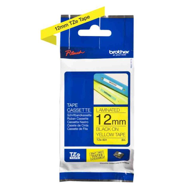 Brother TZe631 12mm x 8m Gloss Black On Yellow Tape Cassette TZ631