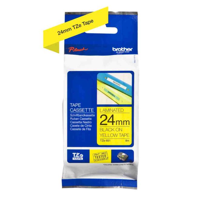 Brother TZe651 24mm x 8m Gloss Black On Yellow Tape Cassette