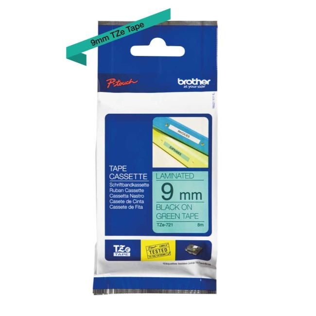 Brother TZe721 9mm x 8m Gloss Black On Green Tape Cassette TZ721