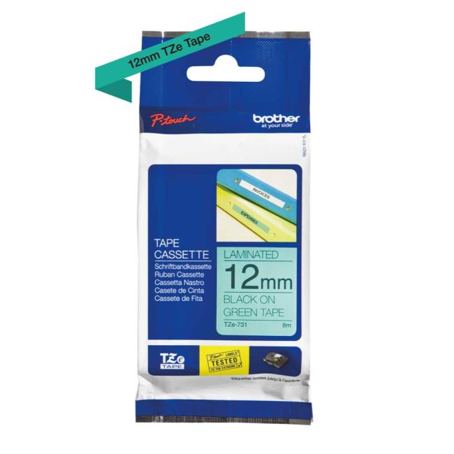 Brother TZe731 12mm x 8m Gloss Black On Green Tape Cassette TZ731