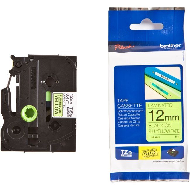 Brother TZeC31 12mm x 8mm Fluorescent Black On Yellow Tape Cassette TZC31