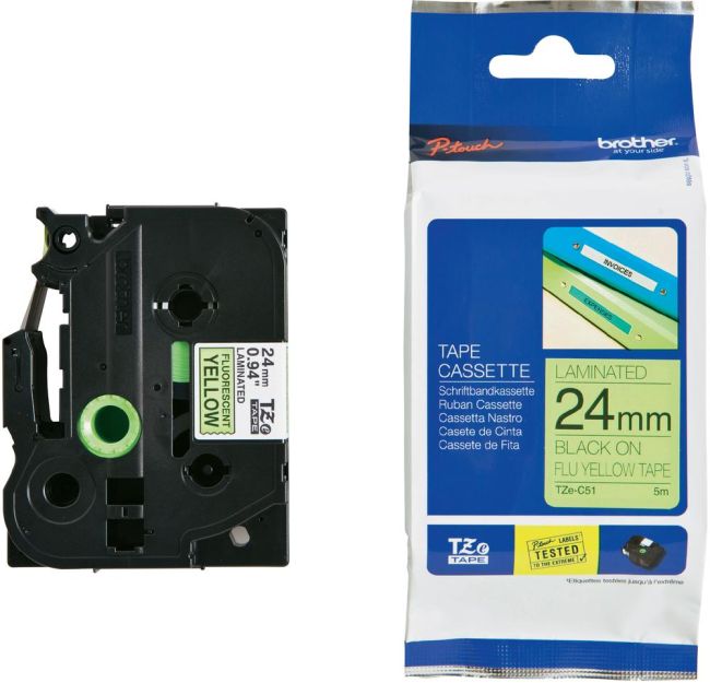 Brother TZeC51 24mm x 8mm Fluorescent Black On Yellow Tape Cassette TZC51