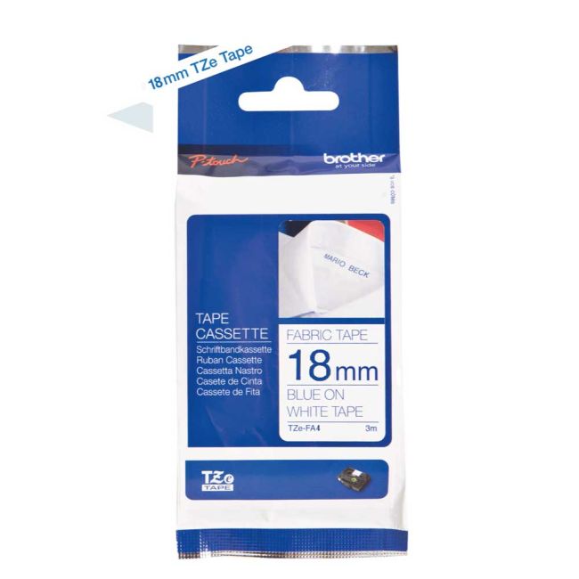 Brother TZeFA4 18mm x 3m Blue on White Fabric Tape TZeFA4