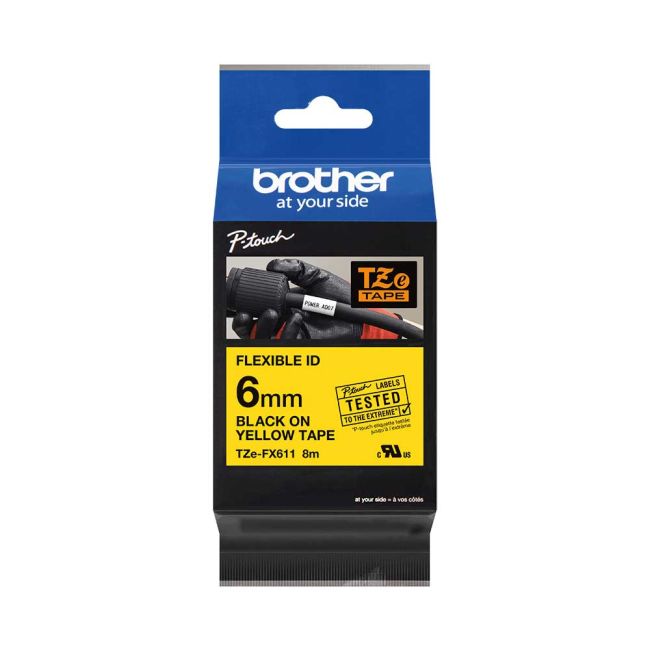 Brother TZeFX611 TZFX611 6mm Flexi Tape Black on Yellow TZFX611