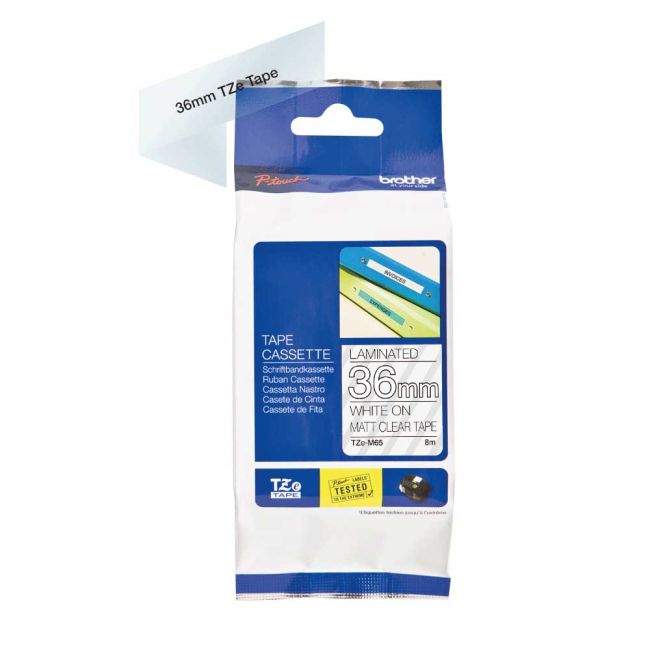 Brother TZeM65 36mm x 8m White on Matt Clear Tape TZeM65