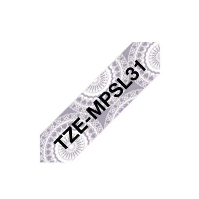 Brother TZeMPSL31 12mm x 4m Black on Silver Lace Tape TZeMPSL31