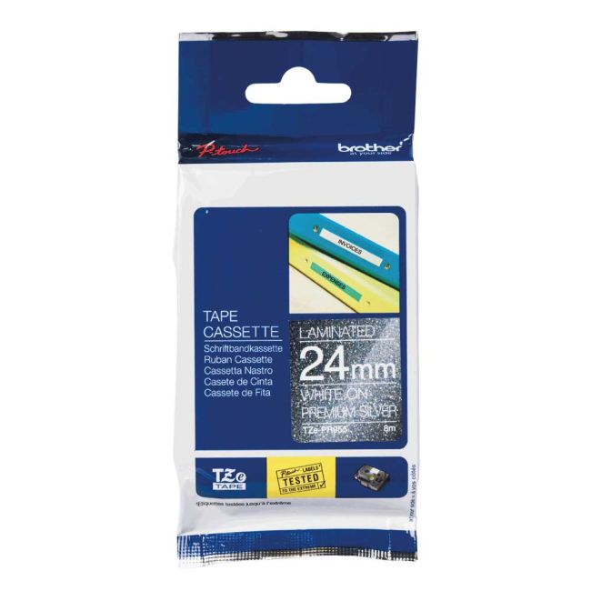 Brother 24mm TZePR955 White on Premium Silver Tape (8m)