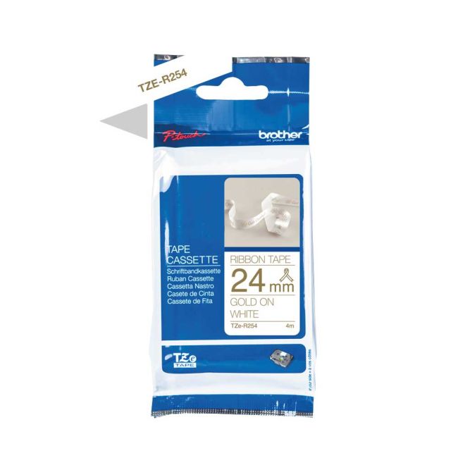 Brother TZeR254 24mm x 4m Gold on White Non-Adhesive Ribbon Tape TZeR254