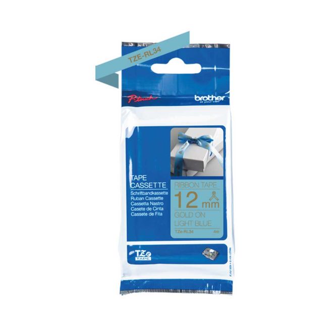 Brother TZeRL34 12mm x 4m Gold on Light Blue Non-Adhesive Ribbon Tape TZeRL34