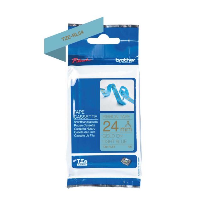 Brother TZeRL54 24mm x 4m Gold on Light Blue Non-Adhesive Ribbon Tape TZeRL54