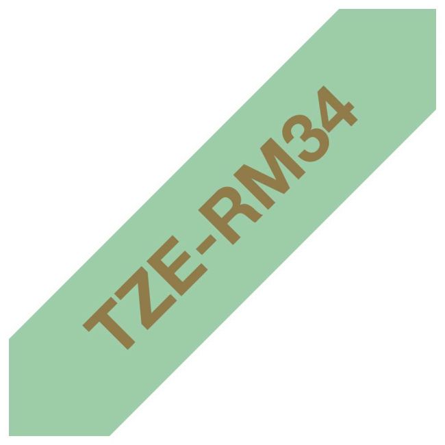 Brother TZeRM34 12mm x 4m Gold on Mint Green Non-Adhesive Ribbon Tape TZeRM34