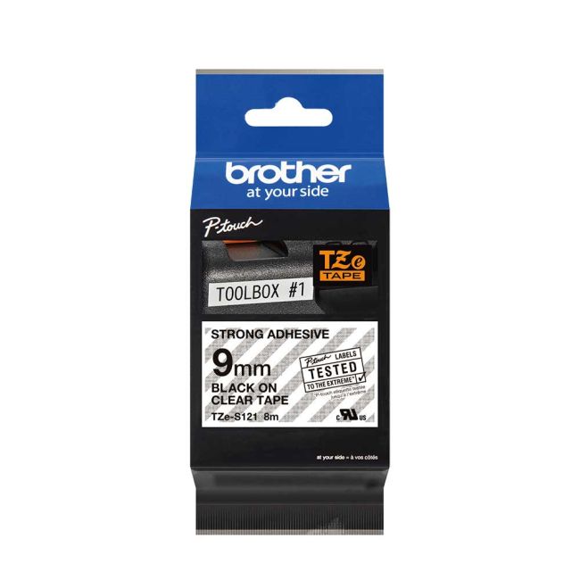 Brother TZeS121 9mm Black On Clear STRONG Adhesive Tape TZS121