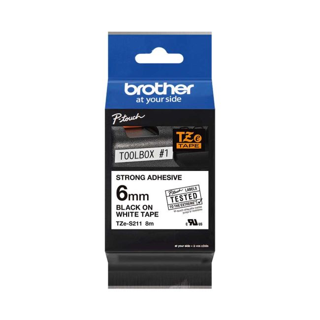 Brother TZeS211 6mm Strong Adhesive Black On White TZS211