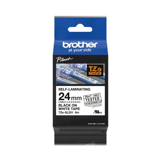 Brother TZeSL251 24mm x 8m Black on White Self Laminating Tape TZeSL251