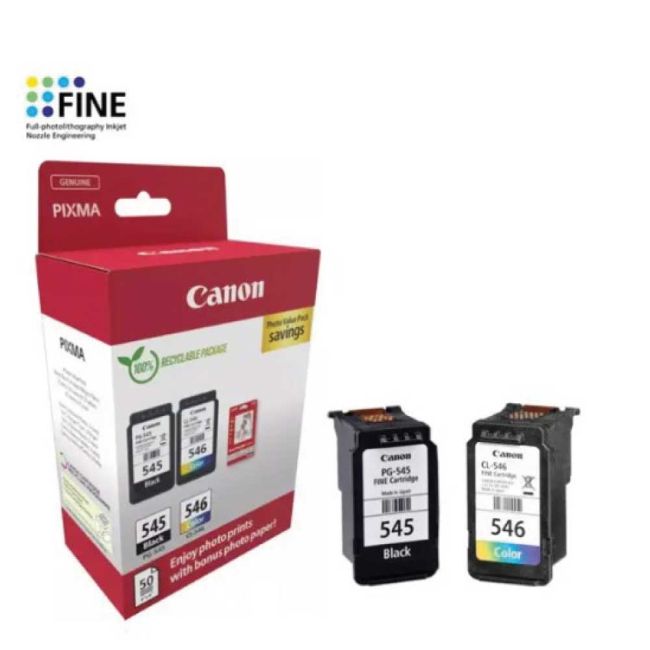 Canon PG-545 Black & CL-546 Colour Ink Cartridge + Photo Paper Value Pack - 8287B008