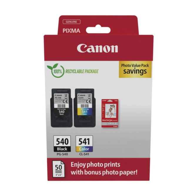 Canon PG-540 Black & CL-541 Colour Ink Cartridge + Photo Paper Value Pack 5225B013