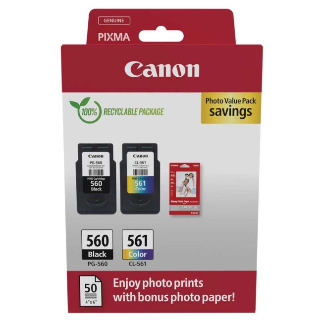 Canon PG-560XL Black & CL-561XL Colour Ink Cartridge + Photo Paper Value Pack 3712C008