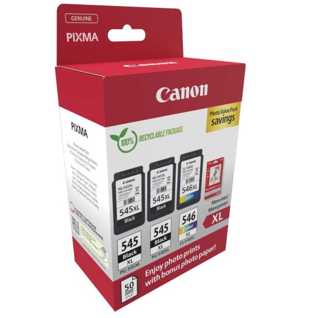 Canon PG-545XL Black x2 & CL-546XL Colour High Yield Ink Cartridges + Photo Paper Value Pack - 8286B015