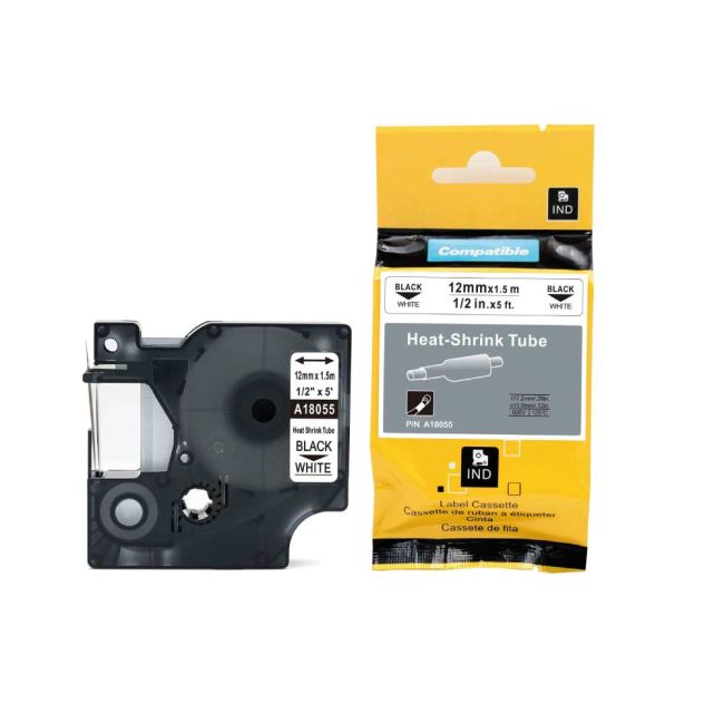 Compatible Dymo 18055 12mm x 1.5m Black on White Heat Shrink Tape S0718300