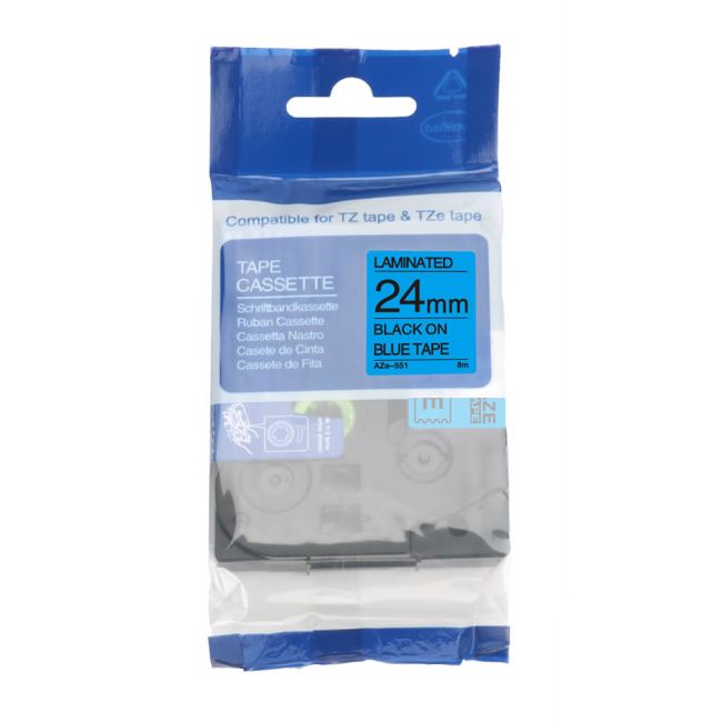 Compatible Brother TZ551 24mm Gloss Black On Blue Tape