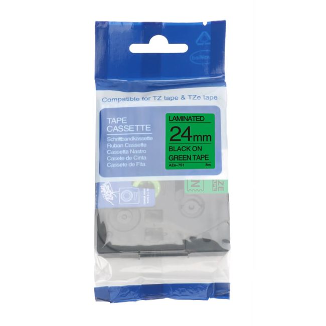 Compatible Brother TZ751 24mm Gloss Black On Green Tape