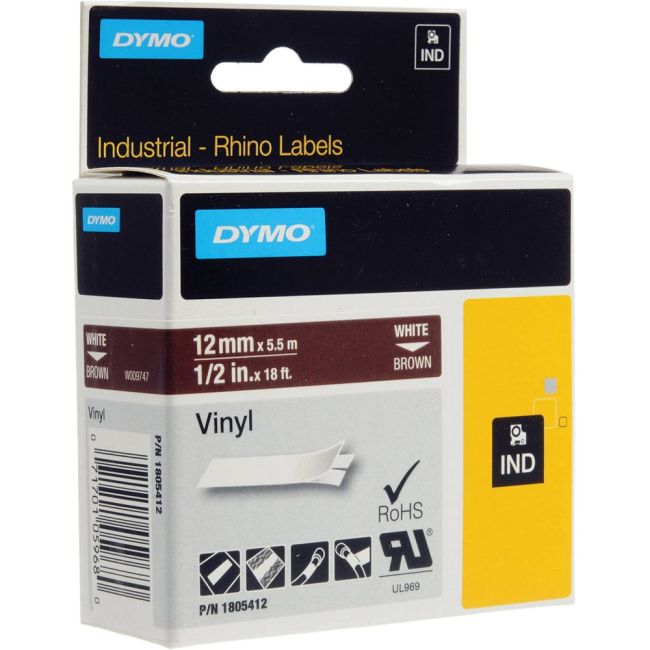 DYMO Rhino 1805412 - 12mm x 5.5m - White on Brown Vinyl Tape