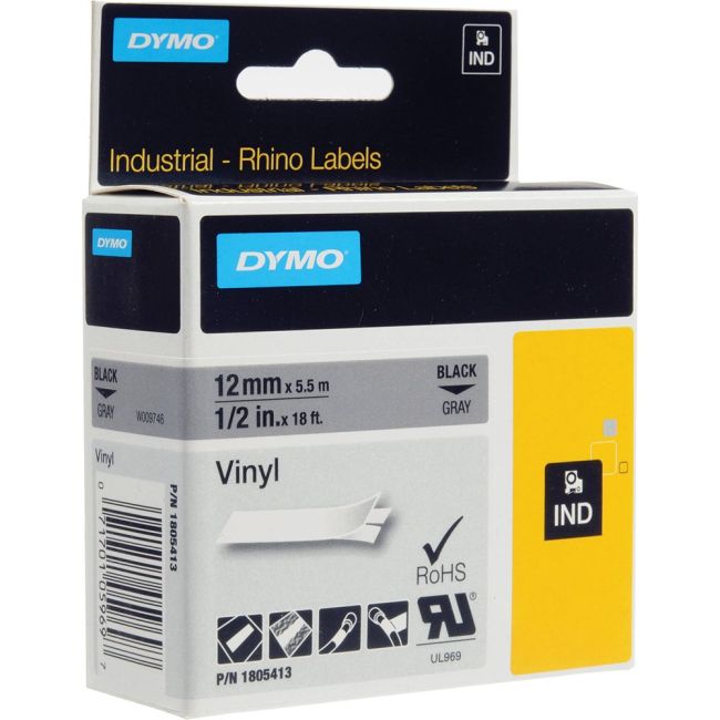 DYMO Rhino 1805413 - 12mm x 5.5m - Black on Grey Vinyl Tape