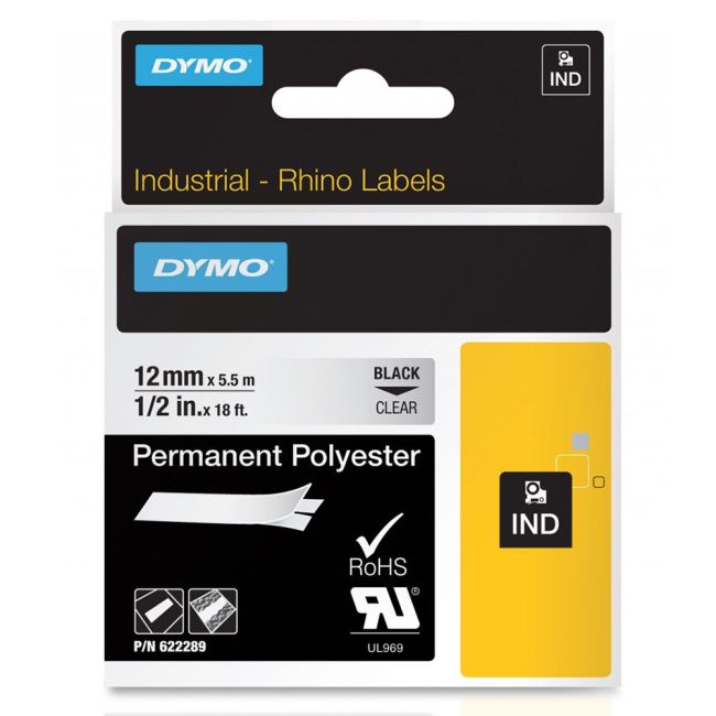 DYMO Rhino 622289 - 12mm x 5.5m - Black on Clear Permanent Polyester Tape