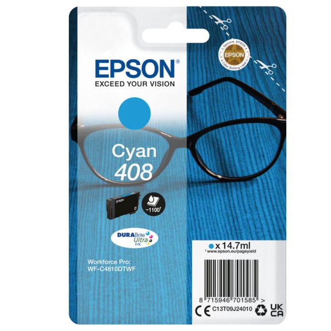 Epson 408 Standard Cyan Ink Cartridge (1,100 Pages*) C13T09J24010