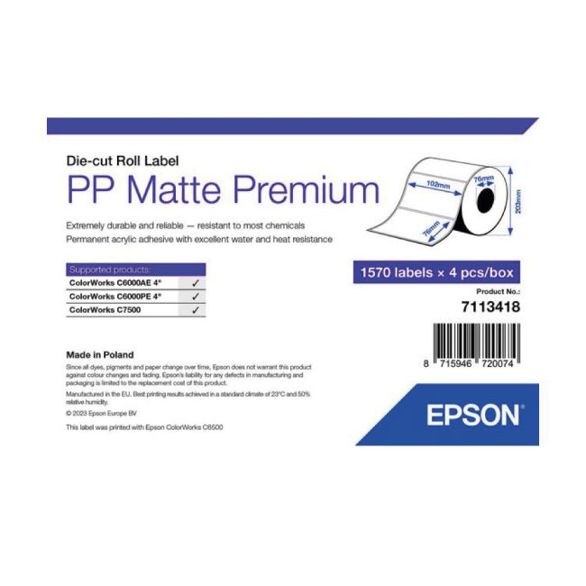 Epson PP Matte Label Premium, Die-cut Roll - 102mm x 76mm (1,570 Labels) 7113418