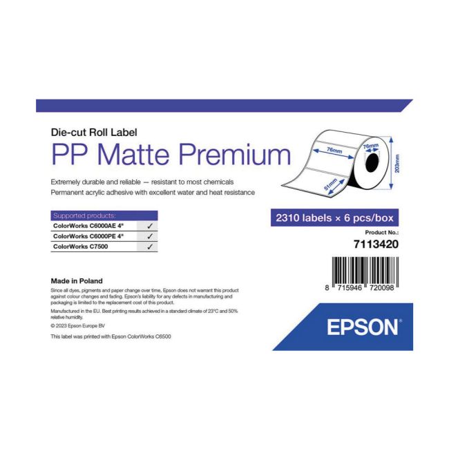 Epson PP Matte Label Premium, Die-cut Roll - 76mm x 51mm (2,310 Labels) 7113420