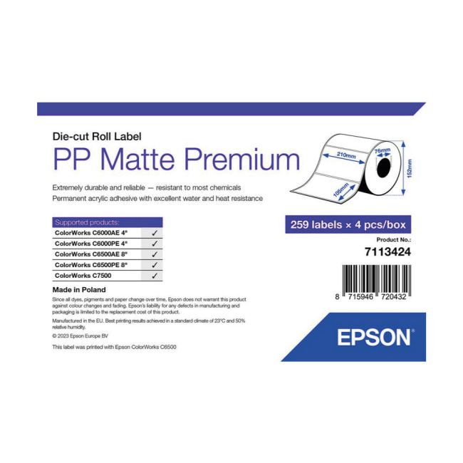 Epson PP Matte Label Premium, Die-cut Roll - 105mm x 210mm (259 Labels) 7113424